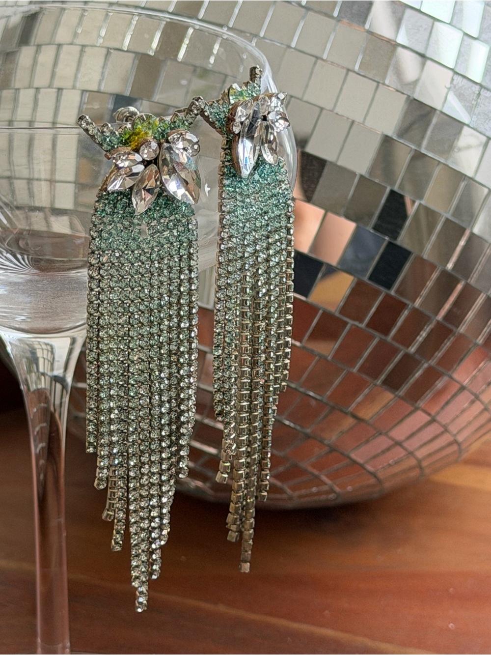 Rhinestone Tassel Drop Earrings - Mint Green Silver